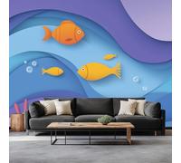 Cartoon Animals Fish Wavy Lines Wallpaper Mural, Non-Woven Blue Print Panoramic Photo Wallpaper for Living Room Bedroom Home Poster Decoration - Not Peel and Stick Mural W350 x H256 cm