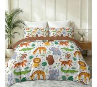 Cartoon Animals Microfiber Duvet Cover, Soft Breathable Lightweight, White Bedding Set with 2 Pillowcases and Zipper, Animals Lions Elephants Plants Floral Quilt Cover Double Size 200 x 200 cm