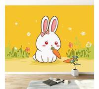 Cartoon Animals Rabbit Carrot Modern Panoramic Wall Mural, Light Yellow High-Resolution Non-Woven Wallpaper 250W x 175H cm - Oversized 3D Visual Art Poster for Kids Room, Bedroom & Corridor