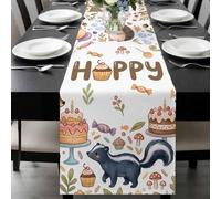 Cartoon Animals Table Runner 13x120 Inches Long Happy Cakes Deer Squirrels Hedgehogs Forests Candy Cotton Linen Table Runner Burlap Style for Dinner Table Party Decor Tabletop Decorations