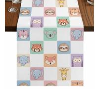 Cartoon Animals Table Runner, Elephants Foxes Tiger Giraffe Owl Plaid Cotton and Table Linen Runner for Kitchen Dining Home Decor for Party Festival Holiday Decoration Gift 16x72in