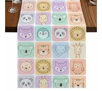 Cartoon Animals Table Runner, Tiger Koalas Elephant Lion Foxes Color Plaid Cotton and Table Linen Runner for Kitchen Dining Home Decor for Party Festival Holiday Decoration Gift 13x72in