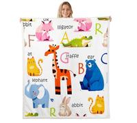 Cartoon Animals Throw Blanket,Giraffe Elephant Bear Rabbit Fleece Blankets for Kids Girls Boys Room Decor,Alphabet Wildlife Sherpa Blanket for Chair/Sofa,40"×50",White Blue