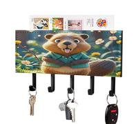 Cartoon Animated Beaver Key Holder Wall Mount PU Key Rack Decorative Key And Mail Holder Wall Key Organizer with 5 Key Hooks Key Hanger for Entryway Kitchen Living Room Office Doorway Decor Black