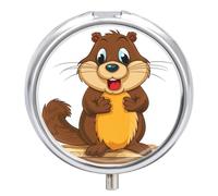 Cartoon Animated Beaver Pill Case with 3 Compartments - Portable Travel Pill Organizer for Purse, Easy-Open Button Design, Small Round Pillbox Vitamin Holder Organizer for Women Men