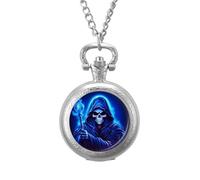 Cartoon Animated Grim Reaper Vintage Pocket Watch Alloy Pendant Watches Necklace Gift for Men Women Silver-Style