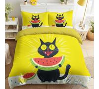 Cartoon Anime Fun Pop Dynamic Microfiber Washable Yellow Duvet Cover Set Bedding Set w/Pillow Shams Watermelon Cats Quilt Cover Set Breathable Boys & Girls Queen 102" x 87"