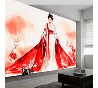 Cartoon Anime Style Traditional Girl Panoramic Wall Mural, Custom Photo Wallpaper, Non-Woven Premium Fleece Large Wall Mural W250 x H175 cm for Living Room Bedroom Home Decoration TV Backdrop, Red