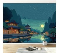 Cartoon Architecture River Mountains Modern Panoramic Wall Mural, Cyan High-Resolution Non-Woven Wallpaper 200W x 140H cm - Oversized 3D Visual Art Poster for Kids Room, Bedroom & Corridor