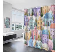 Cartoon Architecture Shower Curtain 180X200Cm, Purple Yellow City Illustration Shower Curtain For Bathroom, Quick-Drying Waterproof Mould Resistant Fabric Bathtub Curtains With Hooks
