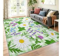 Cartoon Area Rugs for Bedroom Living Room 200 × 300 | Spring Floral Daisy Washable Carpet. Green white Easy To Clean, Non Slip, for Living Room, Hall, Bedroom, Low Pile