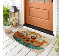 Cartoon Ark Front Black Door Mat Outside Inside Entrance 29 * 17, Animals Kid Sea Ocean Ship Outdoor Indoor Non Slip Doormat, Small Nautical Shoes Off Doormat for Patio Interior Garage