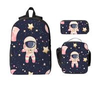 Cartoon Astronaut Backpack Set for Girls Boys with Lunch Bag Pencil Case Space Planet 3 Pieces School Bags Insulated Lunchbox Gifts for Women Men