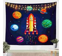 Cartoon Astronaut Rocket Wall Hanging Space Rocket Tapestry for Kids Boys Girls Teens Universe Planets Wall Blanket Bedding Throw Blanket Blue XLarge 69x91