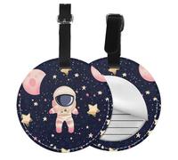 Cartoon Astronaut Round Luggage Tag 4PCS Space Planet PU Leather Travel Bag Tag ID Labels Name Card Holder wtih Buckle for Luggage Suitcase Backpacks