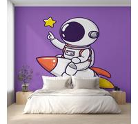 Cartoon Astronaut Wallpaper for Living Room, Outer Space Rocket Wall Mural for Bedroom 130x80 cm, Non-Woven Photo Wallpaper, Home Decor D&O108