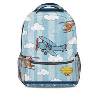 Cartoon Aviation Theme All-Over Print Backpack Blue and White Striped Sky with Planes, Helicopters, and Airships, Kids' School Bag, Stylish Design for Children (01)