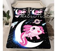 Cartoon Axolotl Bed Sheet Set Kawaii Axolotl Galaxy Moon Bedding Sheet 3D Animals Fitted Sheet for Boys Girls Children Teens Salamander Black Fitted Sheet Single