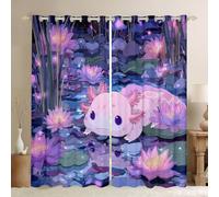 Cartoon Axolotl Blue Ocean Newt Print Window Curtains 46 x 54 Inch 2 Panel Sets-Purple Aesthetic Garden Flowers Blackout Curtains Amphibious Animal Walking Fish Salamander Window Treatments Drapes
