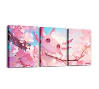 Cartoon Axolotl Canvas Wall Artwork Decor,Sakura Cherry Blossom Japanese Ukiyo-e Wall Painting for Kids Girls,Cute Salamander Kawaii Animal Poster Pictures,Pink Romantic 3 Pcs Framed Canvas Wall Art