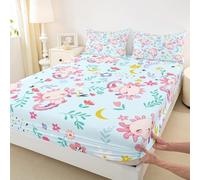 Cartoon Axolotl Fitted Sheet Colorful Flowers Leaves Bed Cover for Kids Children Teens Cute Kawaii Sealife Bed Cover (No Top Sheet) for Bedroom Decor,Single Size