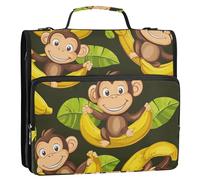 Cartoon Bananas Leaves Monkeys 3 Ring Zipper Binder with Handle Shoulder Strap, 500 Sheet Capacity Multi-Pocket Storage Organizer Bag for School Office