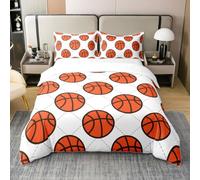 Cartoon Basketball Kids 100% Cotton Duvet Cover Double 3 Pcs Orange Black Stripes Grid Circles Bedding Set for Boys Teens Adults Sports Style Simple Quilt Cover,2 Pillowcases(No Comforter)