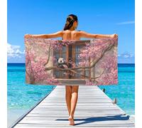 Cartoon Beach Essentials Beach Towel Cute Panda Cherry Blossom,Compact Super Absorbent For The Beach Shower Towel 180x90(71×35in),Pink Beige