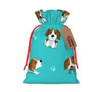 Cartoon Beagle Dog Printed Christmas Drawstring Bags with Red Christmas Ribbon - Reusable Burlap Drawstring Gift Pouches, S
