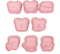Cartoon Bear Biscuit Cutters Set of 8 Food Safe PP Cookie Moulds for Birthday Baking Sugarcraft Tools Easy Clean Pink Box 16.5x21cm