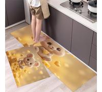 Cartoon Bear Cheese 2 Pieces Kitchen Floor Mats Rugs, Cute And Healing Kitchen Rugs Non Slip for Decoration, 43x75+43x150cm Door Mats for Hallway Dining Room and Entryway - Yellow
