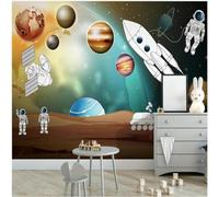 Cartoon Beautiful Space Star Planet Astronaut 3D Wallpaper Silky Texture Home Study Office Grey Dining Room Sofa Bedroom Living Room TV Backdrop-200cm×140cm