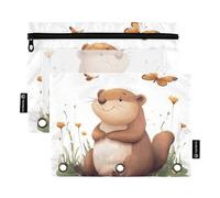 Cartoon Beaver White Organizer Binder with Clear Window Soft Pencil case Clear Window & Grommets 3 Hole Binder for Office Supplies Multicolored 2 PCS
