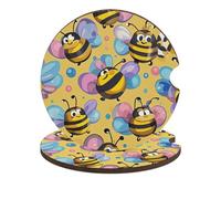 Cartoon Bee Pattern Car Cup Holder Coasters 2-Pack Absorbent Wood & Cork Coasters for Car Cup Holders, Festive Car Accessories for Women & Men