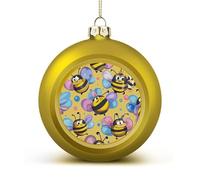 Cartoon Bee Pattern Christmas Ball Ornaments - Golden Shatterproof Plastic Vintage Rustic Xmas Tree Decorations Pendant for Family Holiday Wedding Party Xmas Hanging Decoration