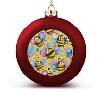 Cartoon Bee Pattern Christmas Ball Ornaments - Red 3 Inch Xmas Tree Baubles for Holiday Wedding Party Decor, Hanging Decorations for Home Fireplace