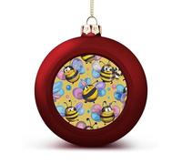 Cartoon Bee Pattern Christmas Ball Ornaments - Red Shatterproof Plastic Vintage Rustic Xmas Tree Decorations Pendant for Family Holiday Wedding Party Xmas Hanging Decoration