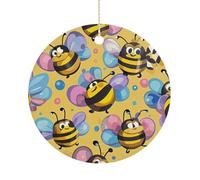Cartoon Bee Pattern Double-Sided Ceramic Christmas Ornaments - Round Hanging Mini Xmas Tree Decorations, Ideas for Farmers, Rustic Home Decor for Indoor Outdoor Tree Decor