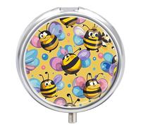 Cartoon Bee Pattern Pill Box - 3 Compartment Travel Pill Organizer with Small Mirror, Portable Pillcase for Pocket & Purse, Cute Round Medicine Case, Weekly Medicine Container