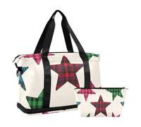 Cartoon Beige Checkered Plaid Stars Oversized Travel Duffel Bag Gym Carry on Duffel Bags with Toiletry Bag for Business Trips Multifunctional, Cartoon beige Checkered plaid stars, One Size