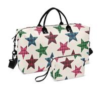 Cartoon Beige Checkered Plaid Stars Travel Hand Bag Carry on Weekender Overnight Bag Sports Tote Gym Bag with Adjustable Strap for Yoga 2 Pcs Set bolsas para viajar en Avion de Mujer