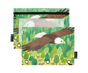 Cartoon Bird Flies Over The Woods Binder with Zipper with Clear Window Large Pencil case Big Capacity Three Ringing Binder for School, Office & Home Multicolored 2 PCS