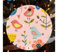 Cartoon Birds and Bees Ceramic Christmas Ornaments - 2 Pcs Rustic Round Xma Tree Decor with Hanging String, Personalized Vintage Double-Sided Holiday Party Decorations for Xmas Gifts