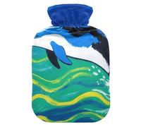 Cartoon Black Blue Whale Green Wave hot Bottle Water Bag with Soft Cover, 1L Water Bottle Bag for Hand Feet Warmer, Pain Relief, Bolsa de calor para Dolor Menstrual