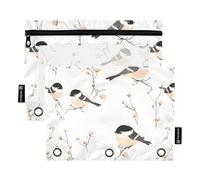 Cartoon Black - Capped Chickadee Birds White Binder Pockets Makeup Bag for 3 Rings Folders with 3 Holes for Office Ofhce Supplies
