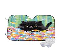 Cartoon Black Cat Among Colorful Fish Wind Sun Shade for Car Sun Visor Foldable Vehicle Sunshade 27.5×51.2 Inch