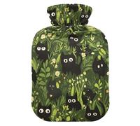 Cartoon Black Cat Green Leaves hot-Water Bottle with Soft Cover, 2Lwarmer Bag for Hot and Cold Therapies,Pain Relief,bolsas de agua Caliente para Dolores