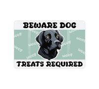 Cartoon Black Labrador Novelty Dog Sign - Beware the Dog Treats Required Funny Metal Plaque - Pet Wall Decor 28cm x 20cm