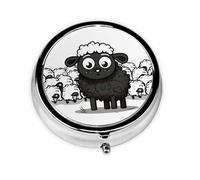 Cartoon Black White Sheep Pill Case with Mirror Retro 3 Compartment Pill Box Small Pill Organizer for Purse or Pocket Decorative Metal Medicine Vitamin Organizer Unique Gifts