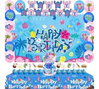Cartoon Blue and Pink Theme Birthday Party Supplies Decorations Including Birthday Banner, Backdrop, Balloons, Tablecloth, Cake Toppers for Kids Party